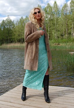 Vintage y2k long pastel leather trench coat jacket in cream