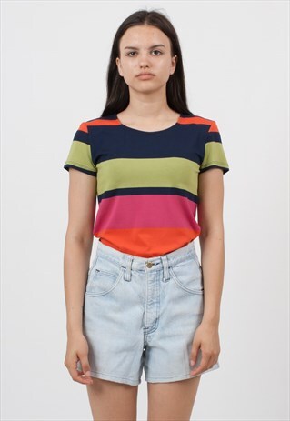 90S VINTAGE NAVY CREW NECK STRIPED SHORT SLEEVE T-SHIRT