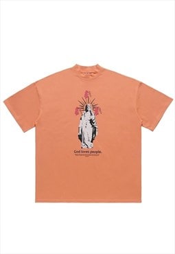 Saint print t-shirt Virgin Mary tee angel top in orange