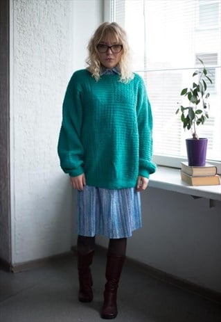 VINTAGE 70'S HANDMADE GREEN KNITTED WOOL JUMPER