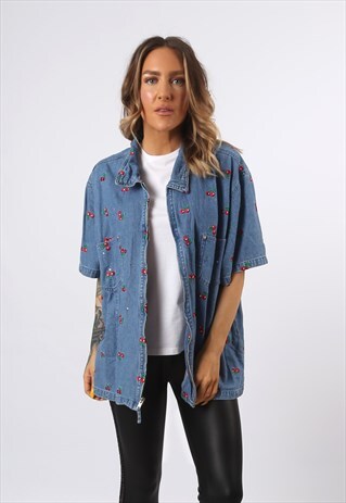 DENIM SHIRT EMBROIDERED OVERSIZED CHERRIES UK 20 (E73O)