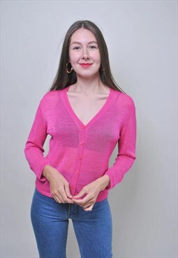 Vintage knitted pink blouse, 90s minimalist shirt for work 