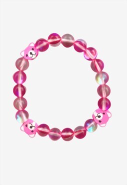 Cute Bears Pink Moonstone Glass Beaded Fun Fashion Bracelet
