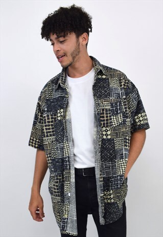 VINTAGE 90'S DARK GREY & BEIGE PRINTED FESTIVAL SHIRT