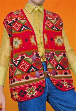 Vintage Funky Aztec Fairisle Fleece Gilet Vest Waistcoat 90s