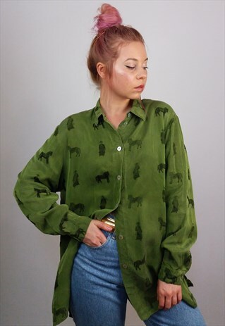VINTAGE 80'S SILKY BUTTON-UP SHIRT / BLOUSE IN GREEN