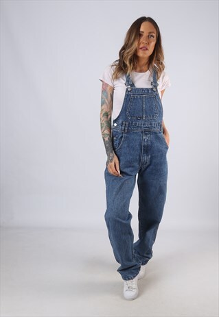 VINTAGE DENIM DUNGAREES WIDE TAPERED LEG UK 12 M (C1D)