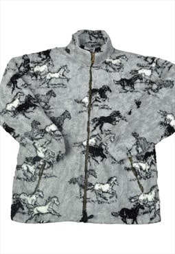 Vintage Fleece Jacket Horse Pattern Grey Ladies Small