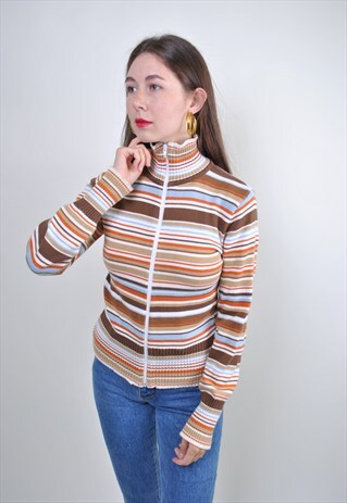 90S STRIPED HIGH NECK SWEATSHIRT, MULTICOLOR ZIPPED JUMPER
