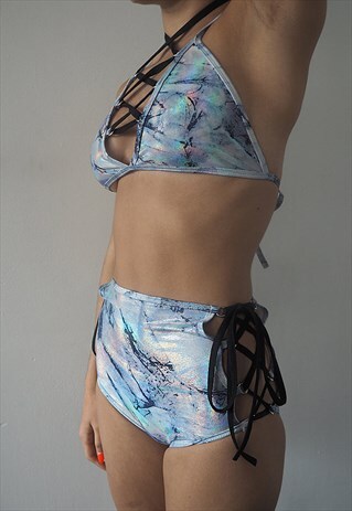 BLUE METALLIC MARBLE LACE UP BIKINI BOTTOM