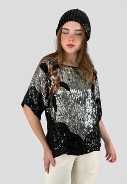 80's Vintage Silver Black Sequin Floral Evening Top