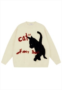 Black cat sweater kitten print jumper knit pullover in cream
