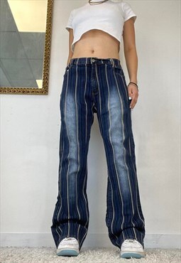vintage wide leg blue and beige pinstripe jeans