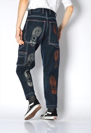 VINTAGE 90S NAVY BLUE EMBROIDERED GRAPHIC JEANS