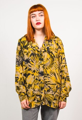 VINTAGE 90'S YELLOW PALM PRINT LONG SLEEVE SHIRT