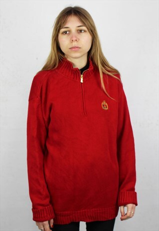 VINTAGE RALPH LAUREN RED QTR ZIP SWEATER MOCK NECK JUMPER