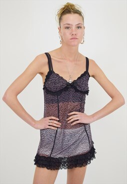 Vintage 2000s Mini Slip Dress in Frilly Animal Print