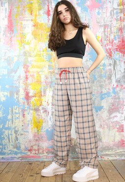 Crop Drawstring Trousers in Beige Check with red stripe