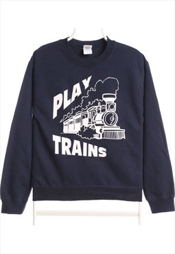 Gildan 90's Play Trains Crewneck Sweatshirt Small Navy Blue