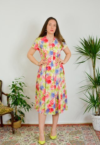 SUMMER DRESS RAINBOW PAINTING VINTAGE 90'S FLORAL CASUAL L