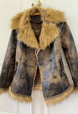 Y2K Retro Faded  Brown Long Jacket. Tan Fur . Size 10/M