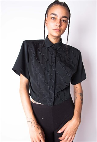 VINTAGE 80S FLORAL EMBROIDERY CROP SHIRT ID:A239
