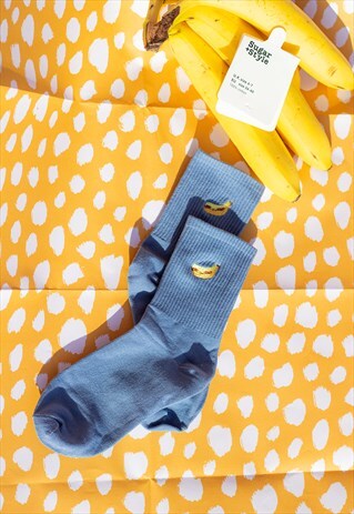 Ribbed Blue Banana Fruit Embroidered Socks