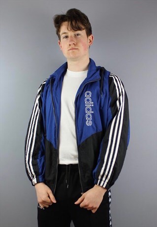 VINTAGE ADIDAS HOODED SHELL JACKET IN BLUE WITH EMBROIDERY