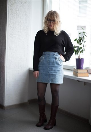 VINTAGE 80'S BLUE MINI DENIM STUDDED SKIRT