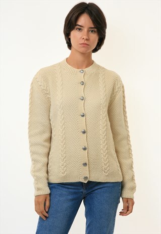 BEIGE CARDIGAN WITH POPCORN EMBROIDERED KNITTED CARDIGAN