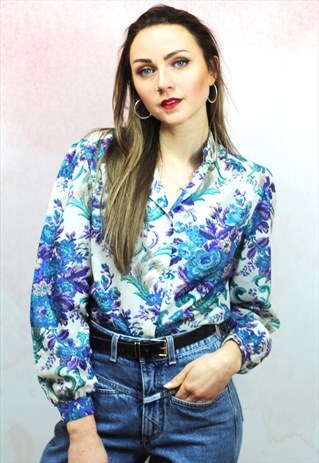 1980S VINTAGE PURPLE AND WHITE FLORAL PATTERNED BLOUSE