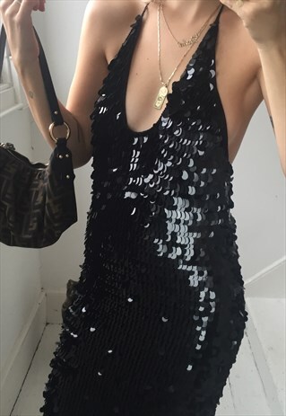 VINTAGE 90S BLACK SEQUIN LBD COCKTAIL HALTER-NECK DRESS