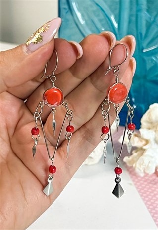 Y2K SILVER AND RED BOHO TRIANGLE DROP EARRINGS