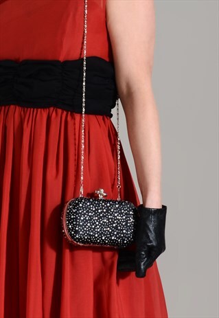 DIAMOND RAIN VINTAGE 1950'S STYLE BLACK SATIN BOX CLUTCH BAG