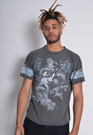 VINTAGE DRAGON HEAVY METAL GRAPHIC PRINT T-SHIRT GREY