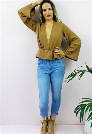 CAMEL PLUNGE LOW V RUFFLE FRILL BOHO PEASANT BLOUSE TOP