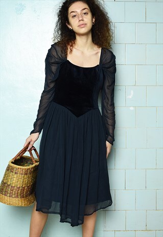 VINTAGE 80S EVENING PARTY VELVET MUSLIN MIDI DRESS PARISIAN