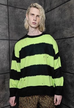 Punk stripe sweater distressed grunge jumper in green black