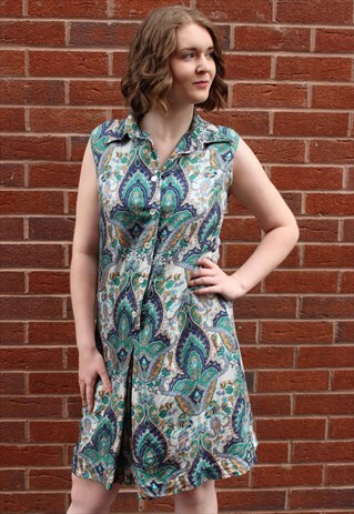 VINTAGE 70S GREEN WHITE BLUE PAISLEY FLORAL MIDI SHIRT DRESS