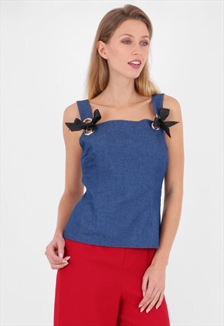 SLEEVELEES DENIM TOP WITH BOW FRONT DETAIL