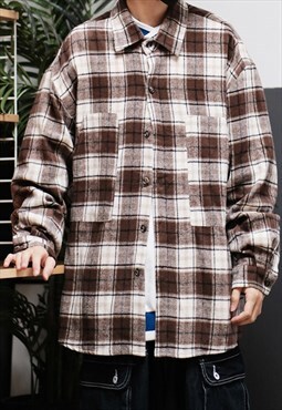 Brown check Brushed flannel Oversized Shirt Y2k