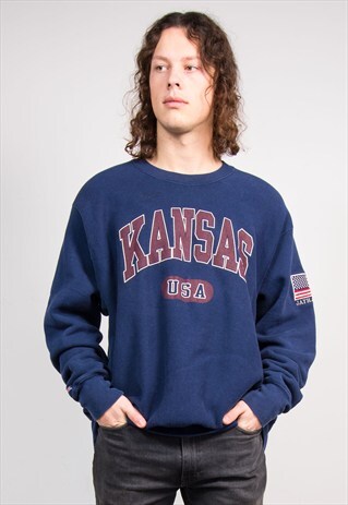VINTAGE 90'S NAVY KANSAS USA COLLEGE STYLE SWEATSHIRT JUMPER