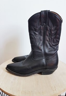 Size 6 Vintage Boulet Black Cowboy Boots, Made in Canada