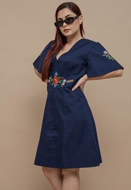 Vintage 70s Boho Flute Sleeve V Neck Embroidery Midi Dress M
