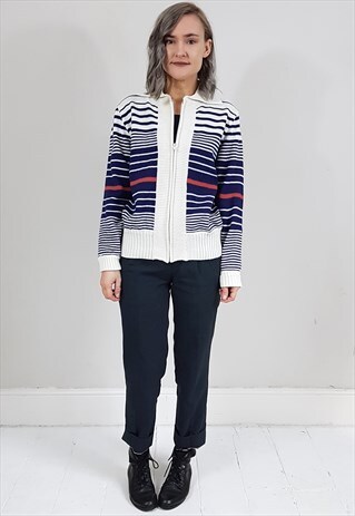 VINTAGE 70'S CREAM AND BLUE STRIPED ZIP UP CARDIGAN