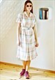 Pastel pink and grey checked belted short sleeve dress