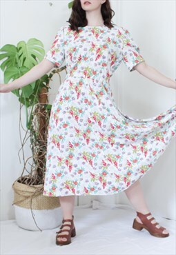 Vintage 90s white with floral pattern midi dress