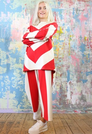 RED N CREAM STRIPED CROP PANTS & OS JUMPER CO-ORDINATES