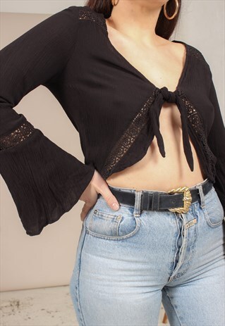 VINTAGE 90S BLACK CROP TOP WITH TIE FRONT