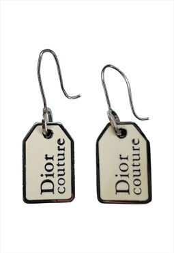 Christian Dior Couture Earrings Tag Logo White Silver 